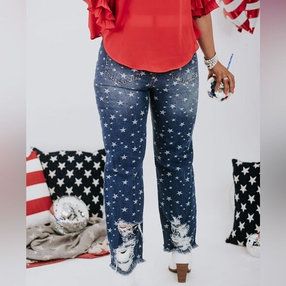 New Star Print Distressed Mom Jeans - Picture 3 of 11